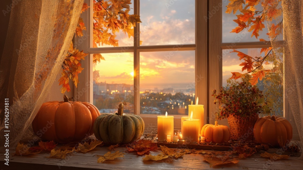 Obraz premium A picturesque autumn windowsill displays pumpkins in various colors, lit candles, and vibrant leaves, creating a warm atmosphere during a beautiful sunset.