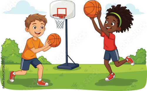 Two kids playing basketball outdoors, boy and girl shooting basketball, active children sports, happy kids playing, outdoor fun, healthy lifestyle, summer activity