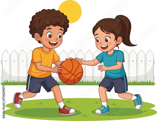 Two kids playing basketball outside, happy children exercising, boy and girl sports activity, outdoor fun, active lifestyle, childhood playtime, healthy kids, sunny day