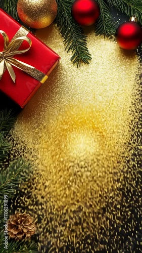 A  gift box and red and gold balls with christmas tree branches and a place for text