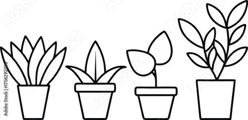 A simple line drawing of four potted houseplants of varying sizes and leaf shapes, isolated on white background