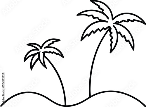 Minimalist line drawing of two palm trees on a sandy shore with a partial sun arc, isolated on white background