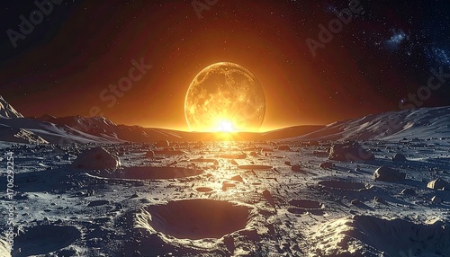 Alien landscape, fiery moon rising