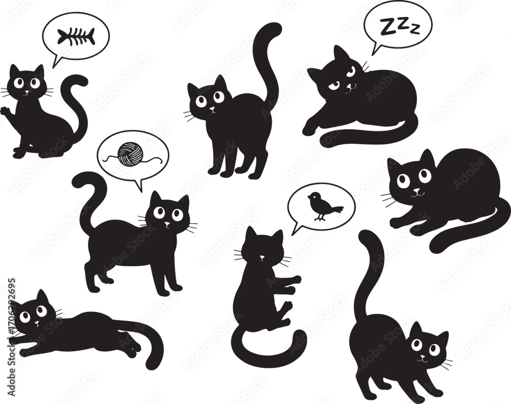 custom made wallpaper toronto digitalBlack Cat Silhouettes Set – Cute and Playful Cats with Speech Bubbles for Design Projects