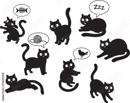 Black Cat Silhouettes Set – Cute and Playful Cats with Speech Bubbles for Design Projects
