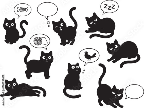Black Cat Silhouettes Set – Cute and Playful Cats with Speech Bubbles for Design Projects