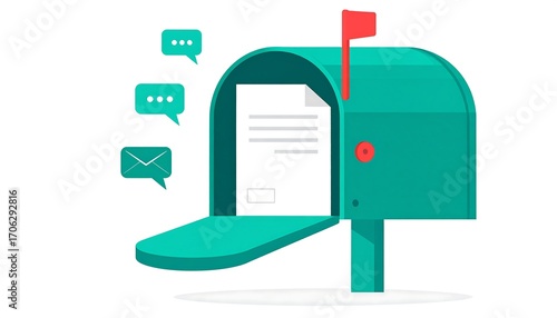 Teal mailbox with open flap, document inside and messaging icons