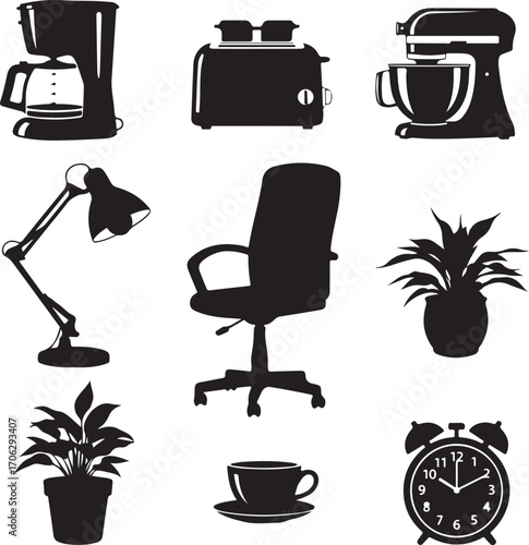 A Collection of Household Items in Black Silhouette Style Presentation Featuring Kitchen Appliances, Furniture, Office Supplies, and Decorative Plants