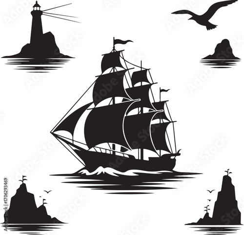 Majestic Sailing Ship Amidst Islands and a Lighthouse Silhouette Against the Open Sea Peaceful Maritime Scene