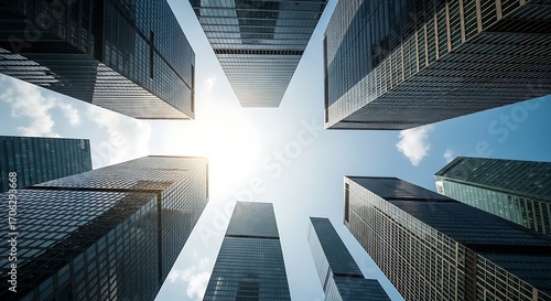 Looking up at modern skyscrapers against a bright sun and blue sky buildings architecture