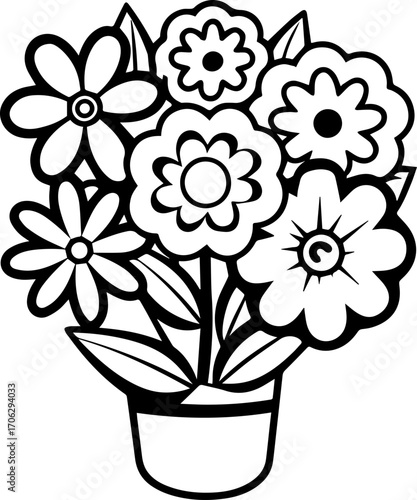 Beautiful luxurious flower design, SVG with clean lines.Black and White Floral Illustration in a Simple Pot Design