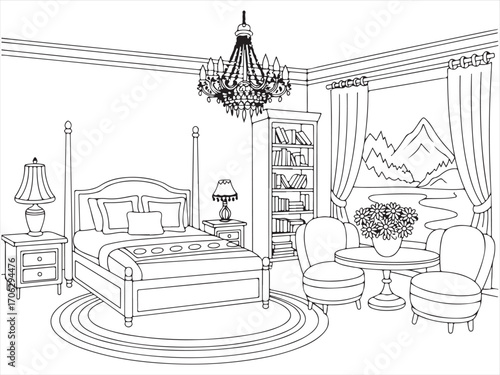 Bedroom furniture illustration with chandelier and curtains for coloring