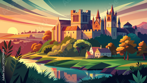 Durham Castle and Cathedral, England, tower above the River Wear, Norman stone glowing in sunset hues amid rolling green hills and a tranquil sky.
