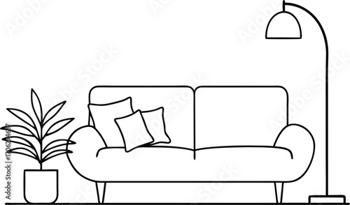 Line art of a sofa with pillows, a tall plant, and a floor lamp, isolated on white background
