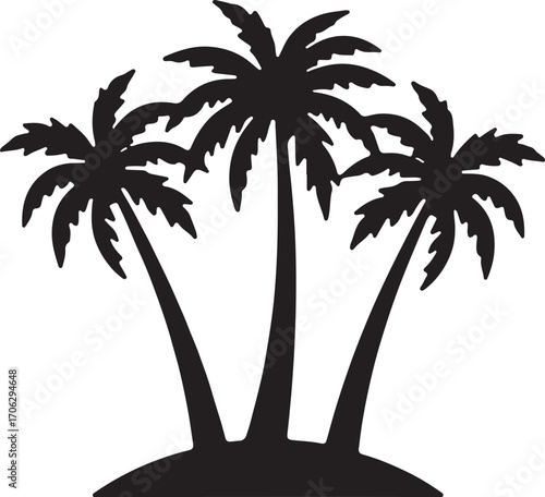 Silhouettes of three tropical palm trees on a small island oasis silhouette