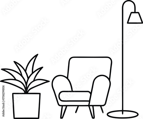 Outline illustration of an armchair, a large plant, and a floor lamp, isolated on white background