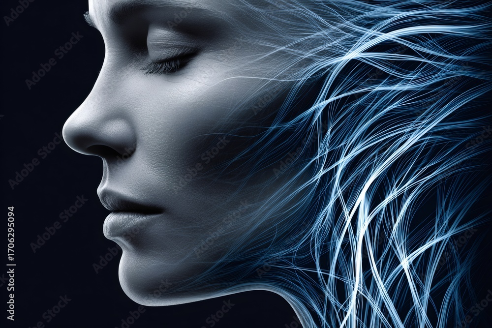 Fototapeta premium Woman face profile with flowing light streaks emerging from hair