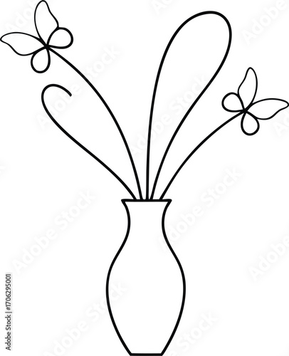 Outline drawing of a vase with two abstract butterflylike flowers on curved stems, isolated on white background