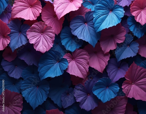 Abstract illustration features close-up of foliage with vibrant pink, purple, blue hues against dark background. Intricate leaf patterns offer rich texture, organic, natural beauty. Perfect for