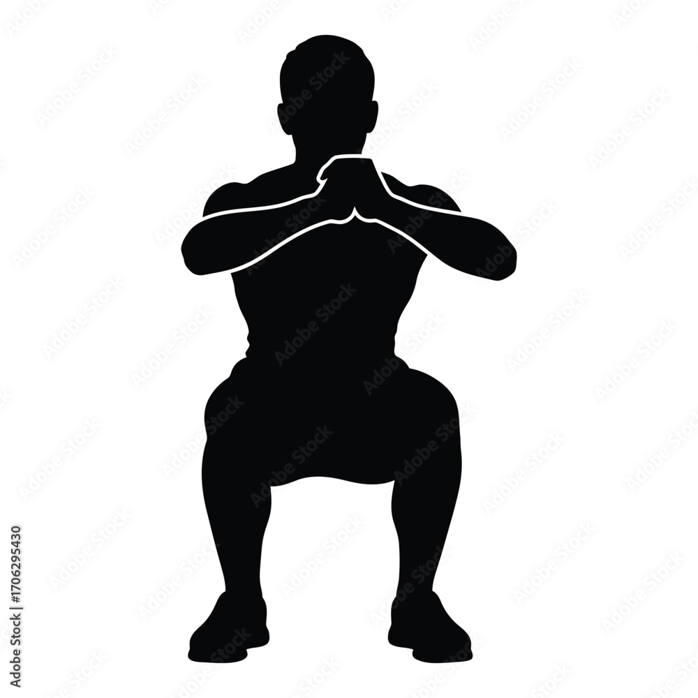 Fototapeta premium Silhouetted man performing bodyweight squat exercise for strength training and fitness silhouette