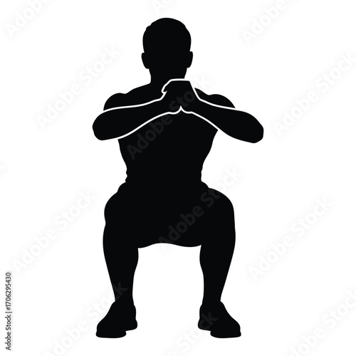 Silhouetted man performing bodyweight squat exercise for strength training and fitness silhouette