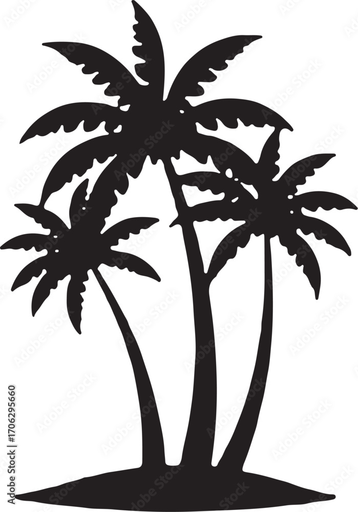 Obraz premium Silhouetted tropical palm trees on small island representing paradise beach vacation silhouette