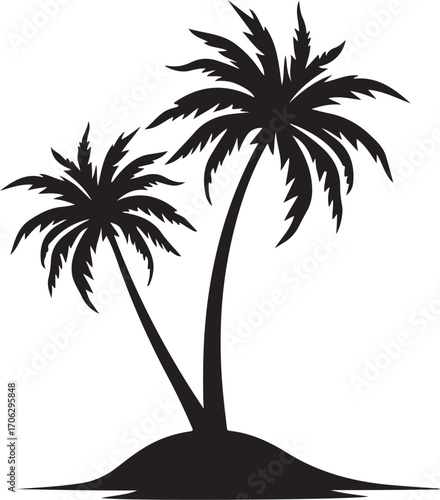 Silhouette of two palm trees on a small island representing tropical paradise vacation silhouette