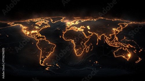 A glowing world map illuminated by lights, depicting continents and oceans in a striking dark background.