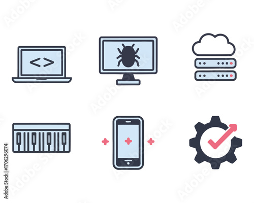 A versatile collection of flat icons in a row from top featuring technology themes like coding, debugging, cloud servers, and mobile apps