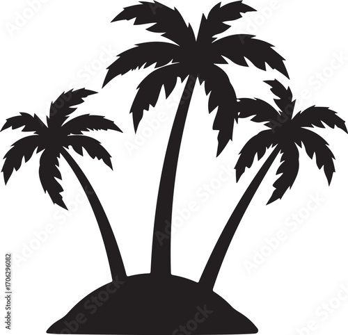 Silhouette of three palm trees on a small island symbolizing tropical paradise and vacation silhouette