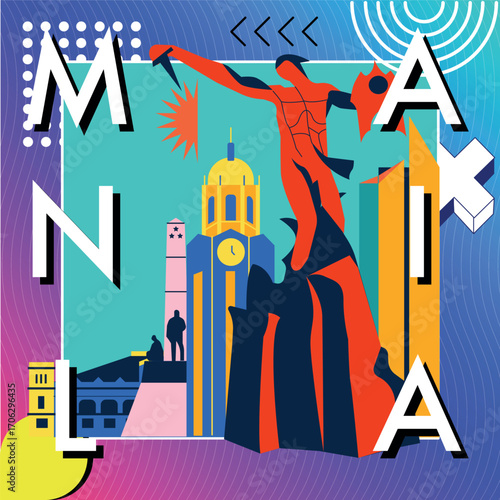 Typography word Manila branding technology concept. Collection of flat vector web icons. Asian culture travel set, architectures, Memphis detailed silhouette. Doodle Philippines famous landmarks.