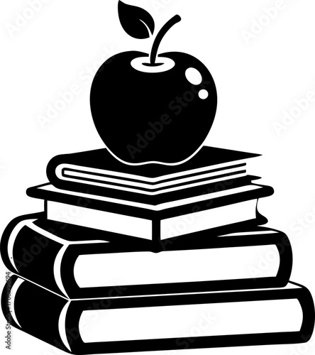 A stack of books with an apple  note on top. silhouette  vector black , white background 