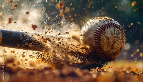 Baseball bat hitting a dirty ball, creating a dramatic explosion of dirt and dust