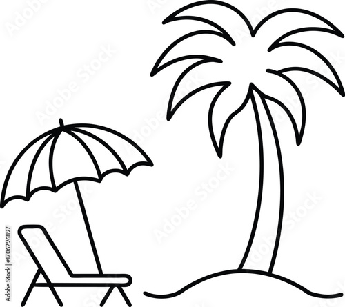 A simple line drawing of a beach scene with a palm tree, lounge chair, and umbrella, isolated on white background
