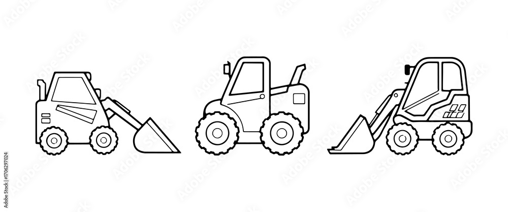 Naklejka premium Various types of construction vehicles lined up in a simple design showcasing their distinct shapes and functionalities