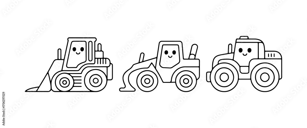 Naklejka premium Cute cartoon construction vehicles lined up in a whimsical design on a white background showcasing their happy faces