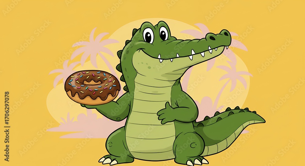 Fototapeta premium Cartoon crocodile eating a donut