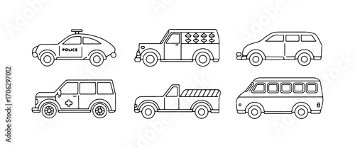 Different types of vehicles showcased in a linear arrangement, emphasizing utility and purpose in a simple design
