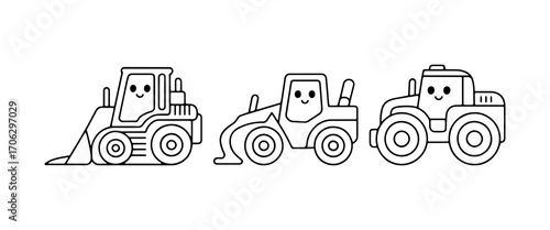 Cute cartoon construction vehicles lined up in a whimsical design on a white background showcasing their happy faces