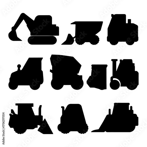 Construction equipment silhouettes showcasing various machinery in a compact design