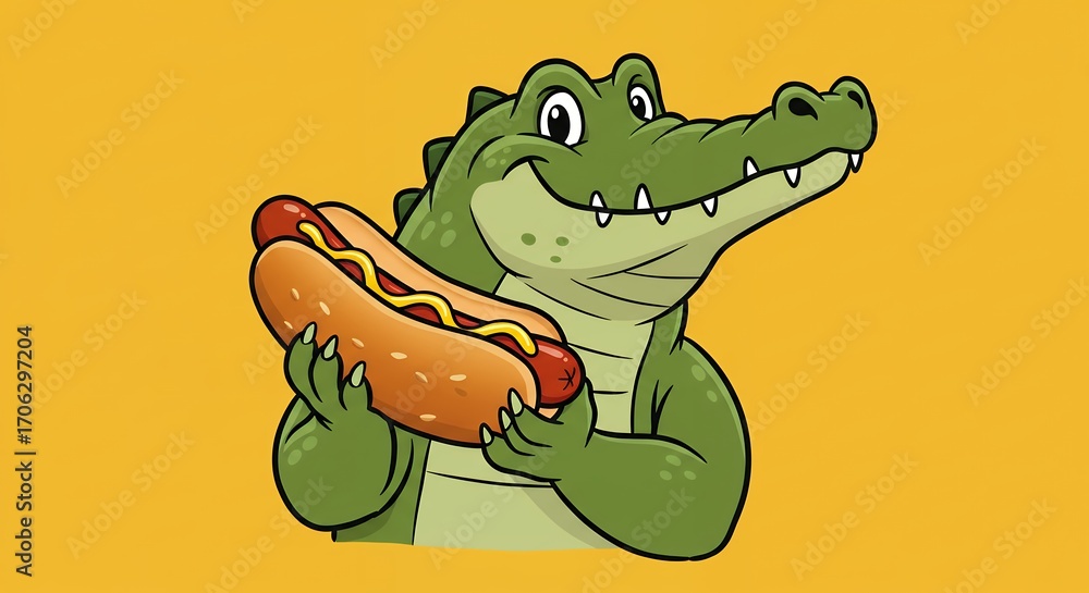 Fototapeta premium Cartoon crocodile eating hot dog
