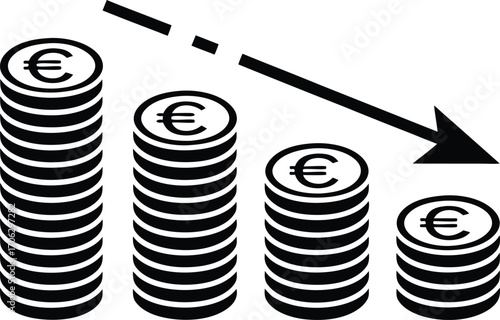Illustration of decreasing euro coins stacked in a graph with a downward arrow
