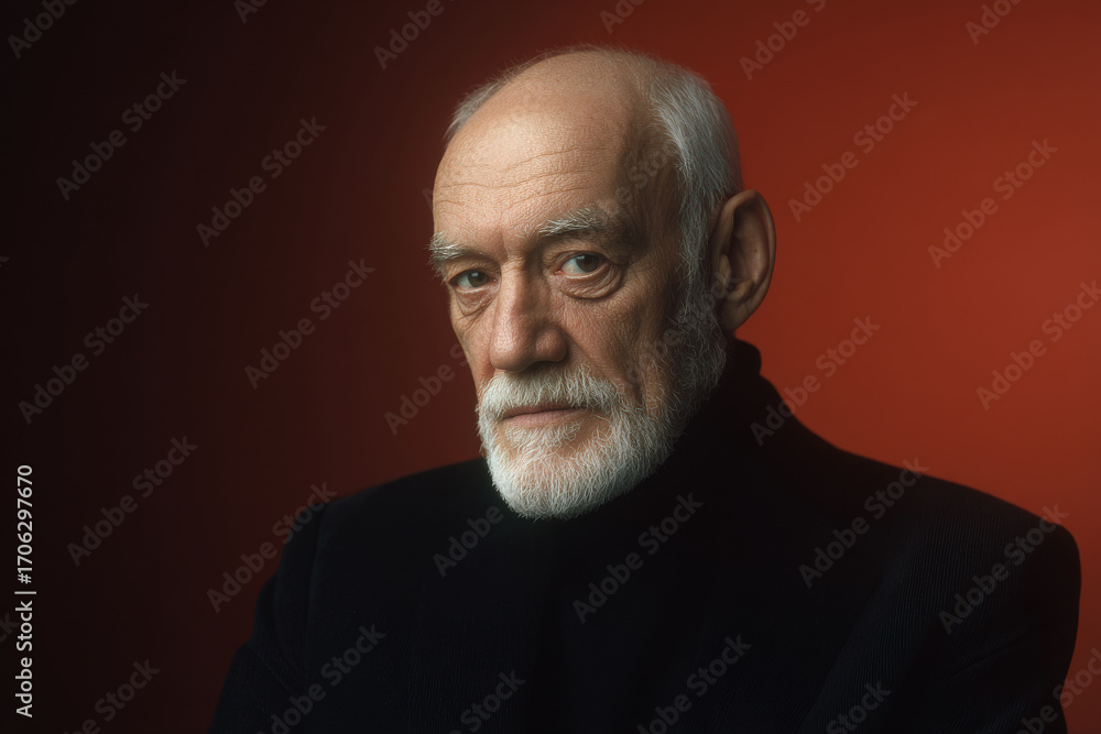 Obraz premium elderly man with vacant contemplative gaze sits against ultrabright solidcolored background