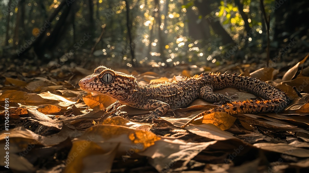 Fototapeta premium Satanic leaf-tailed gecko curled on a forest floor covered in sunlit fallen leaves, indistinguishable from its surroundings 