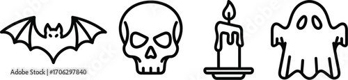 Minimalist halloween icons featuring a bat skull candle and ghost on white