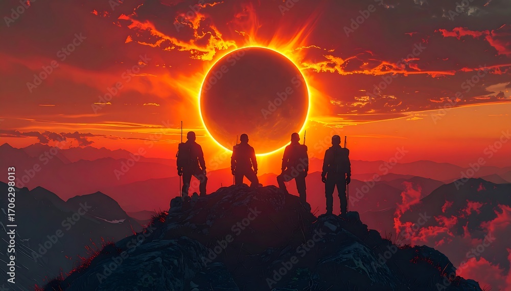 Fototapeta premium Epic mountain silhouette figures at sunset eclipse