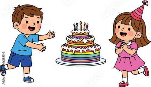 Cartoon boy and girl celebrating birthday with rainbow cake, candles, party hats, happy kids illustration, colorful fun, joyful 