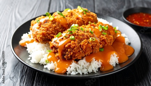 Crispy fried chicken over rice with sauce
