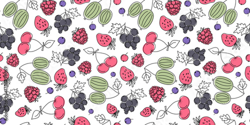 Abstract berries pattern. Harvest, ingredients for drinks, juice, smoothie. Line icons, juicy strawberry, raspberry, gooseberry, cherry, currant, blueberry. Drawing, doodle. Seamless background.