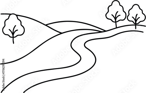 A simple line drawing of rolling hills with a winding river and trees, isolated on white background